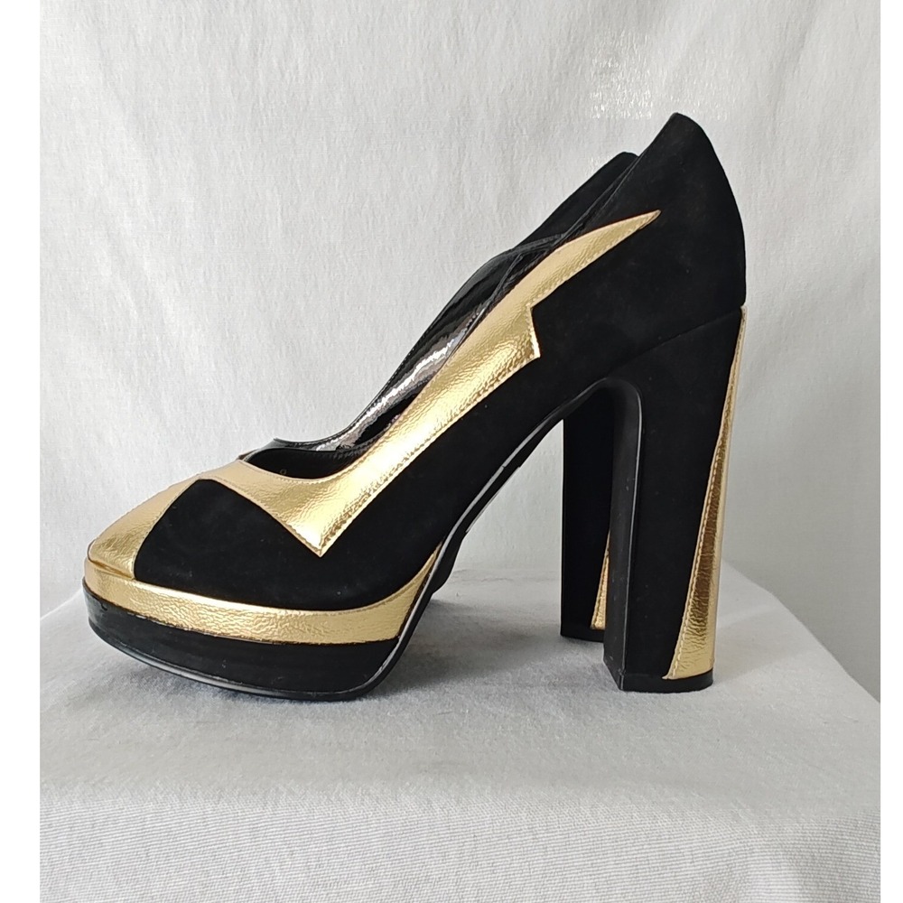 Jeffrey Campbell Bad Girl Platform Pumps Black Gold Metallic Peep Toe Heel 9 - Picture 5 of 10